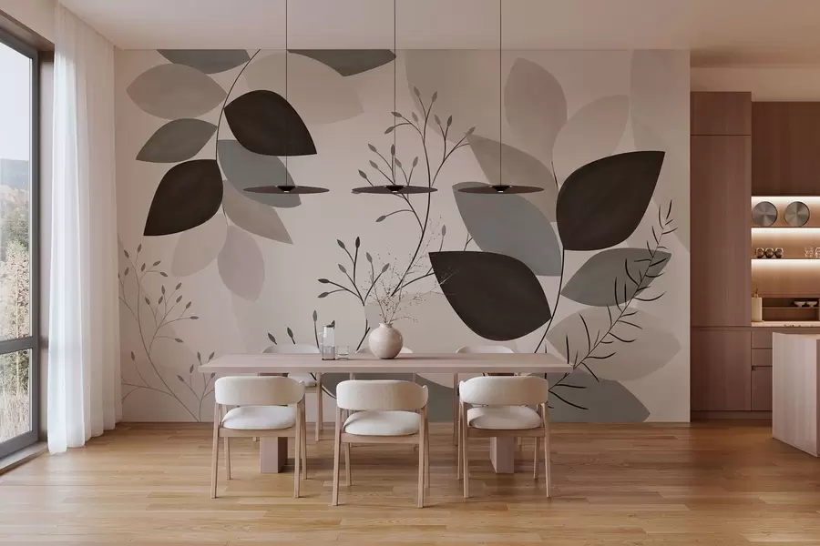 Murale feuilles et herbes dans des tons de beige, de gris et de marron w05237
