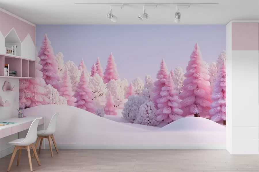 Murale Une forêt hivernale enneigée aux teintes roses w09654