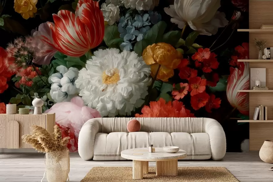Murale Composition florale luxuriante inspirée d'un jardin printanier w09676