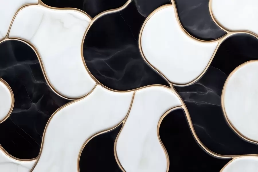 Murale Imitation abstraite d'une composition marbrée dans des tons de noir et blanc, rehaussée de lignes jaunes w09733