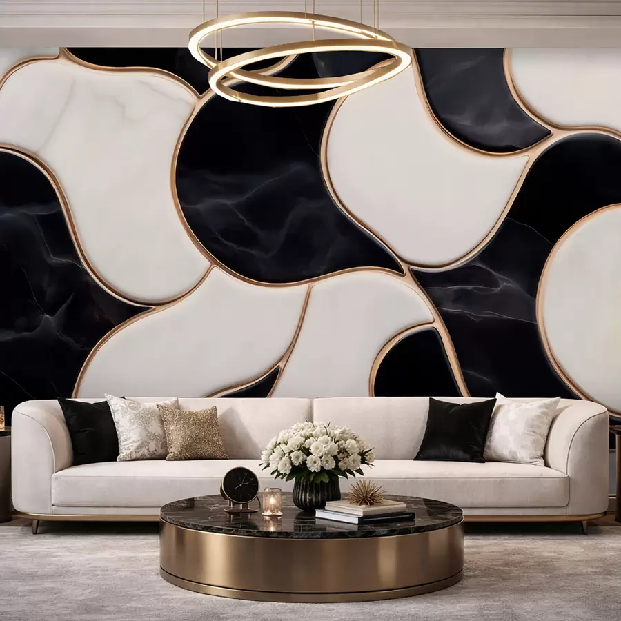 fototapeter Abstrakt efterligning af et marmormotiv i sort-hvide nuancer med gule linjer w09733