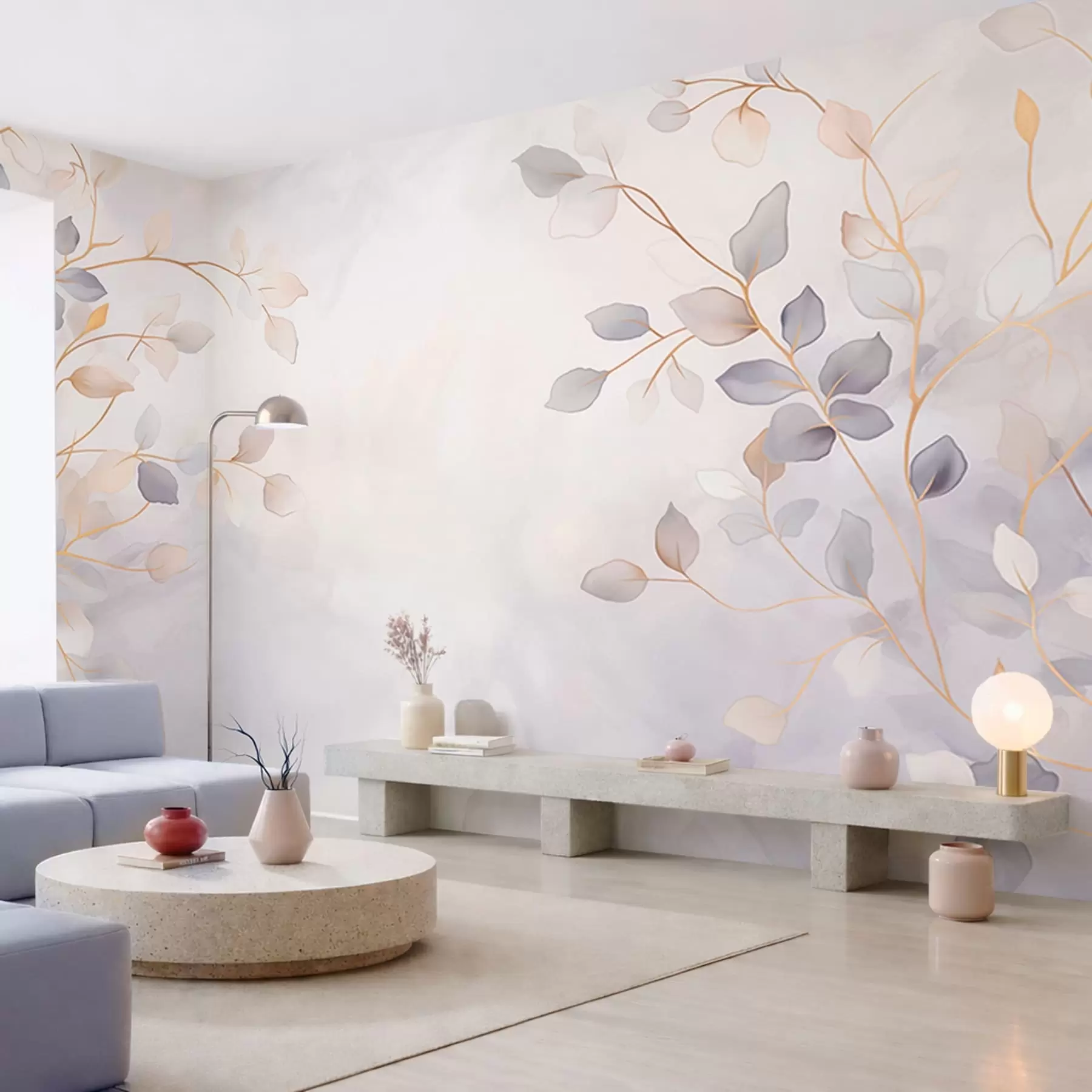 Murale Des branches feuillues délicates sur un fond flou et doux w05296