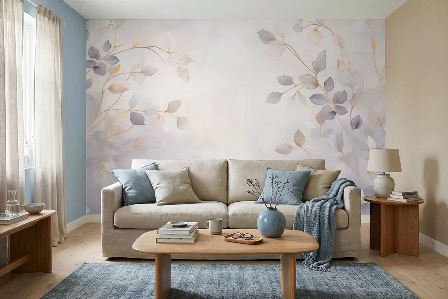 Fototapete Zarte, blättrige Zweige vor einem sanft verschwommenen Hintergrund w05296