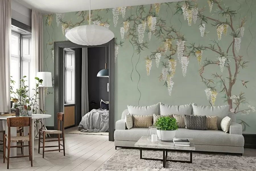 fototapeter Blomstrende grene med hvide blomster og fugle på grønt w05394