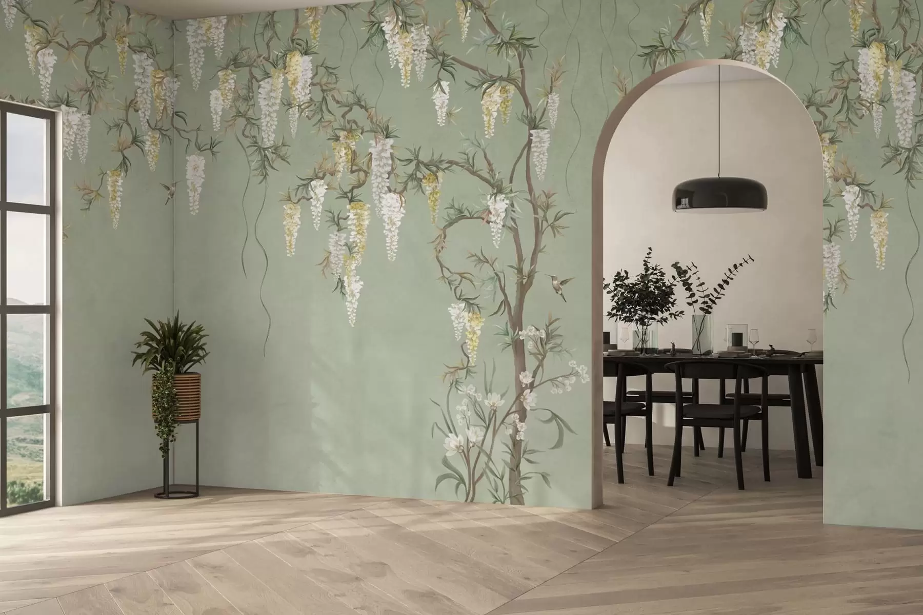 fototapeter Blomstrende grene med hvide blomster og fugle på grønt w05394