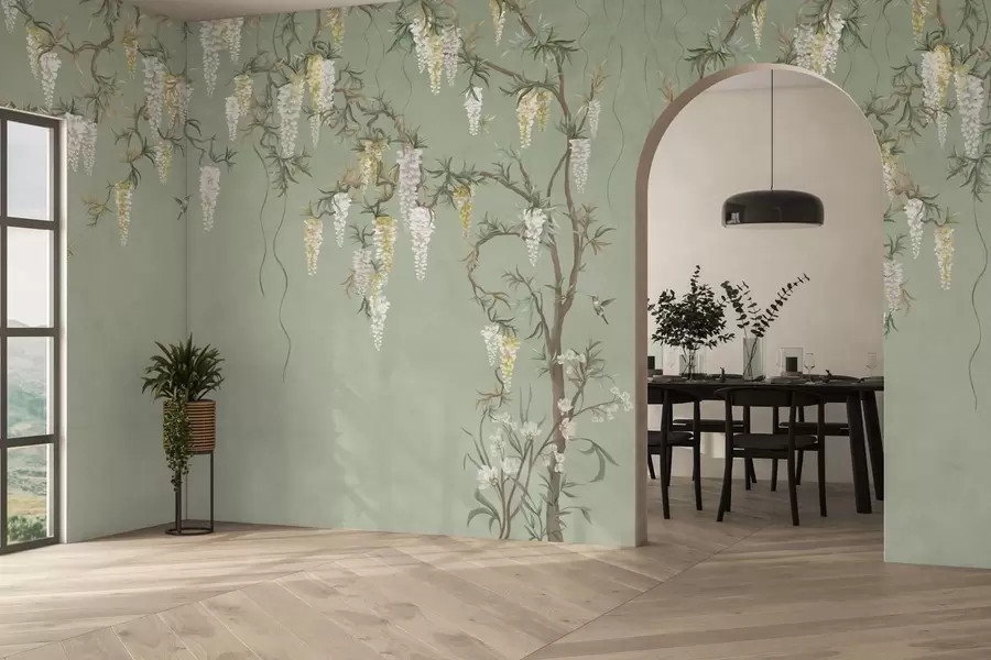 Murale Des branches fleuries avec des fleurs blanches et des oiseaux sur fond vert w05394