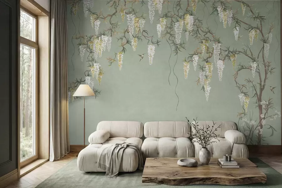 fototapeter Blomstrende grene med hvide blomster og fugle på grønt w05394