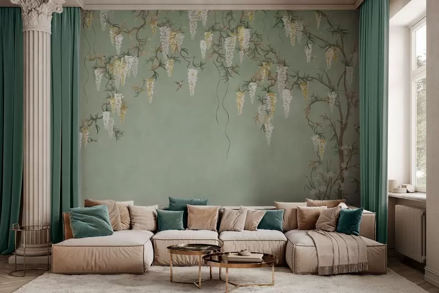 Fototapete Blühende Zweige mit weißen Blüten und Vögeln auf grünem Hintergrund w05394