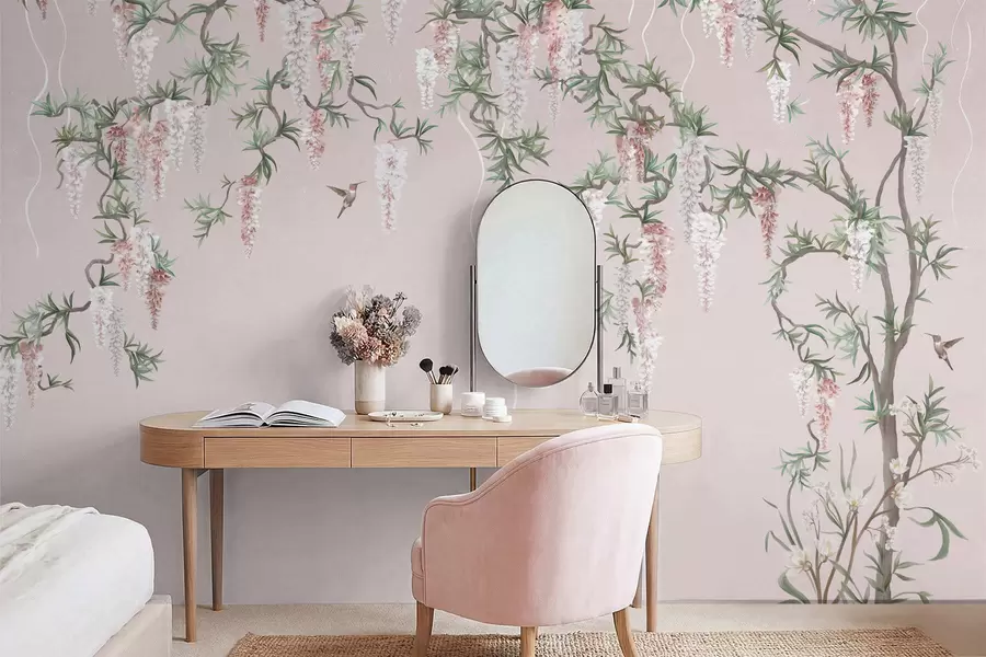 Murale Des branches en fleurs ornées de boutons roses et d'oiseaux w05394v1