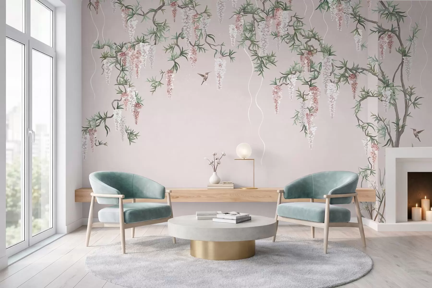 fototapeter Blomstrende grene med lyserøde blomster og fugle w05394v1