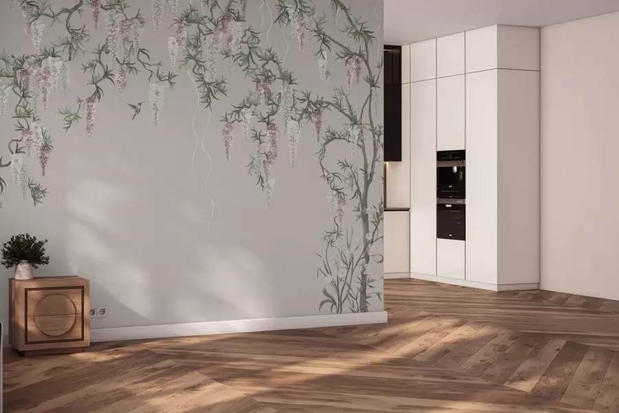 Murale Des branches en fleurs ornées de boutons roses et d'oiseaux w05394v1