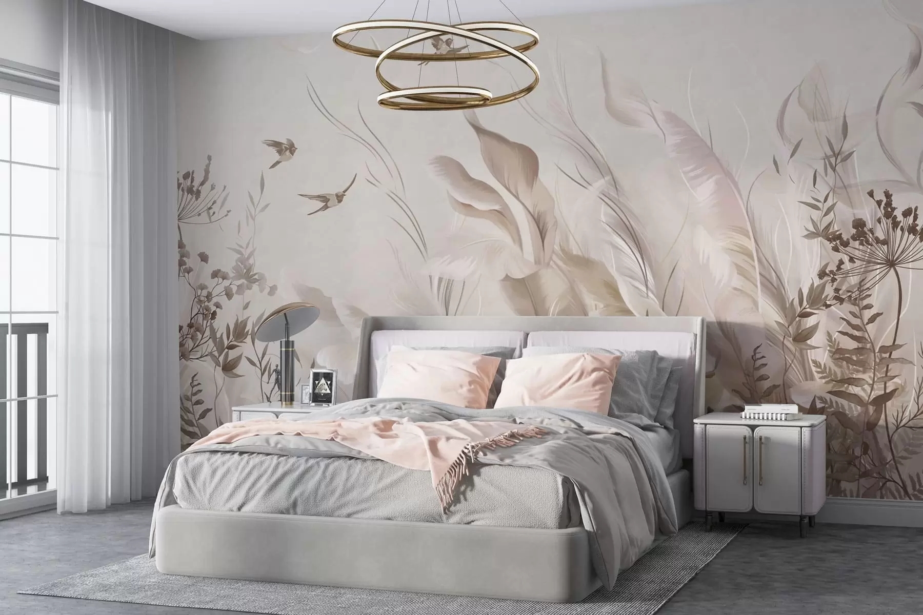 Fototapete Zarte Federn, Gräser und Vögel in hellen Farbtönen w05395