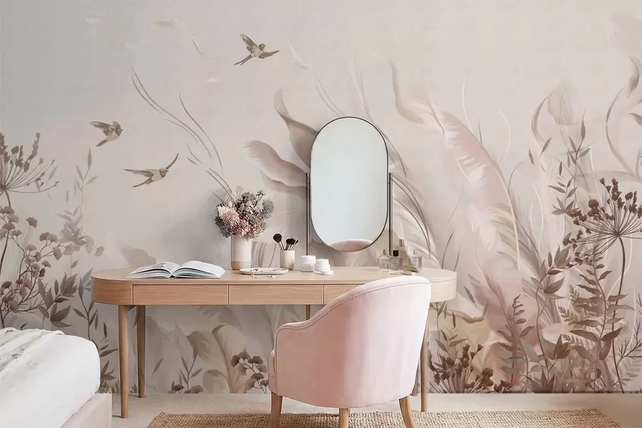 Murale Des plumes douces, des herbes et des oiseaux dans des tons clairs w05395