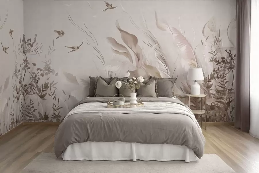 Murale Des plumes douces, des herbes et des oiseaux dans des tons clairs w05395