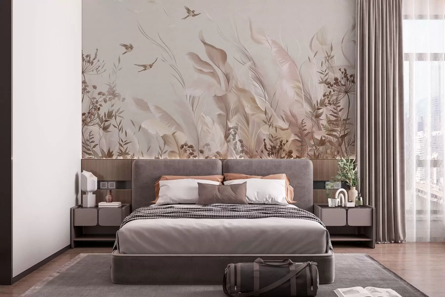 Murale Des plumes douces, des herbes et des oiseaux dans des tons clairs w05395