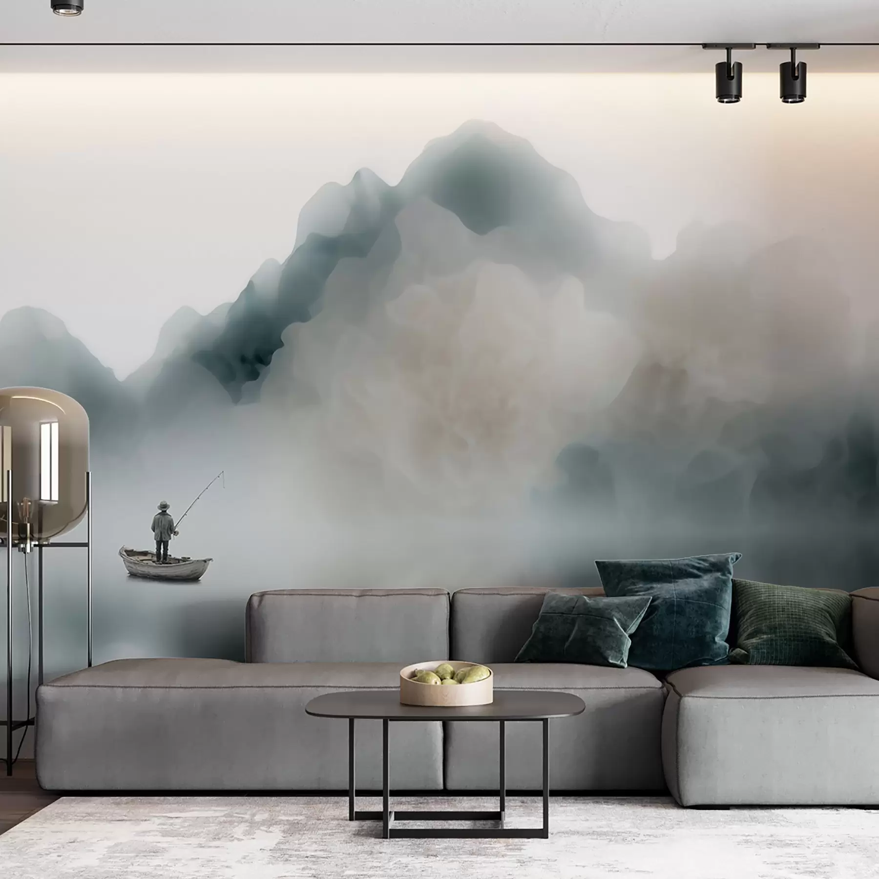Murale Paysage de montagne avec un bateau et un pêcheur se fondant dans une brume légère w09678