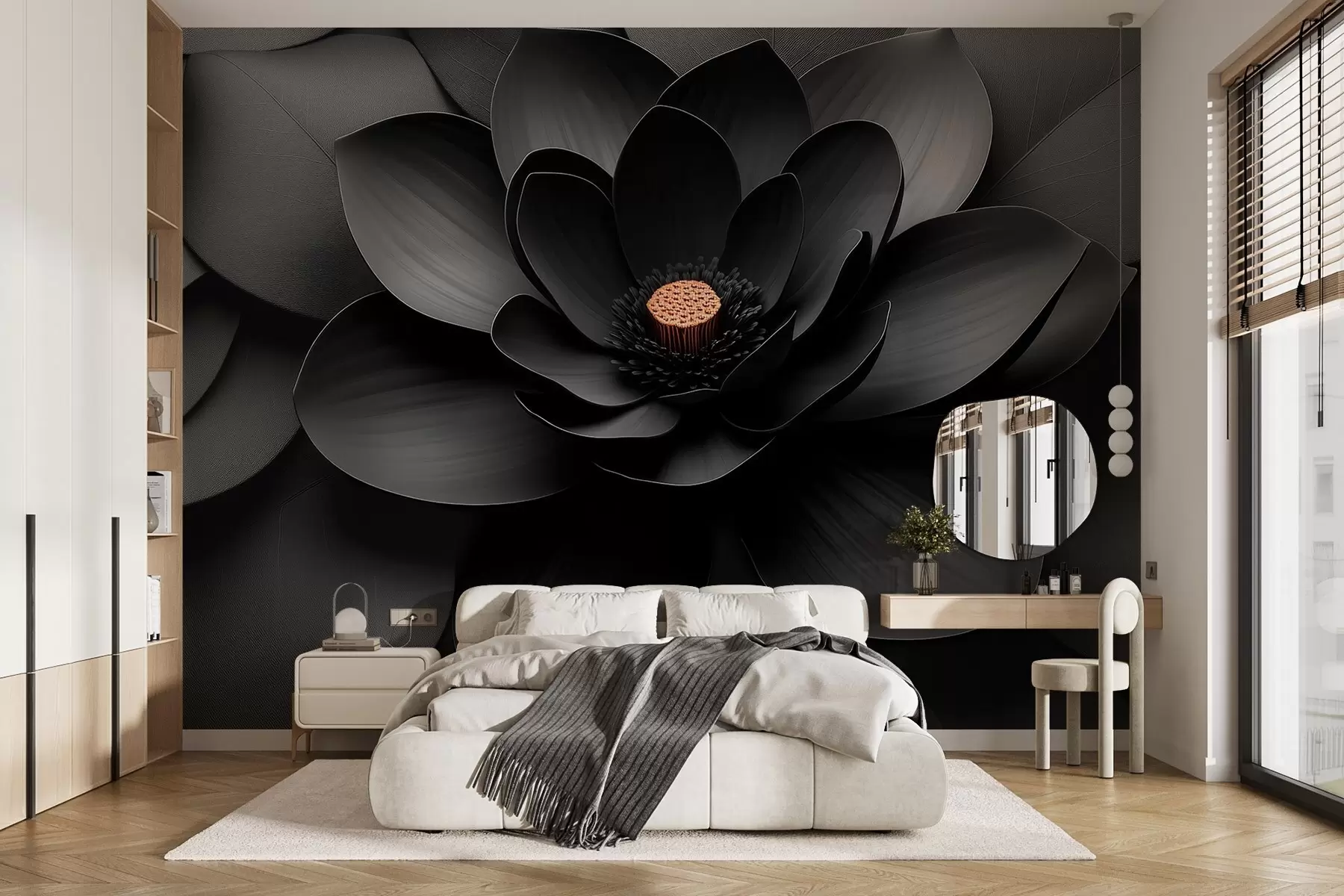 fototapeter Minimalistisk sort blomst med kronblade og en kontrastfuld, varm midte w09721