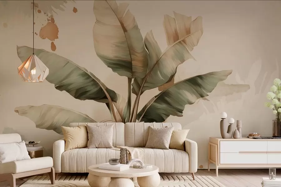 Murale un grand bouquet pittoresque de feuilles de bananier orné de touches de couleur au style rétro w05384