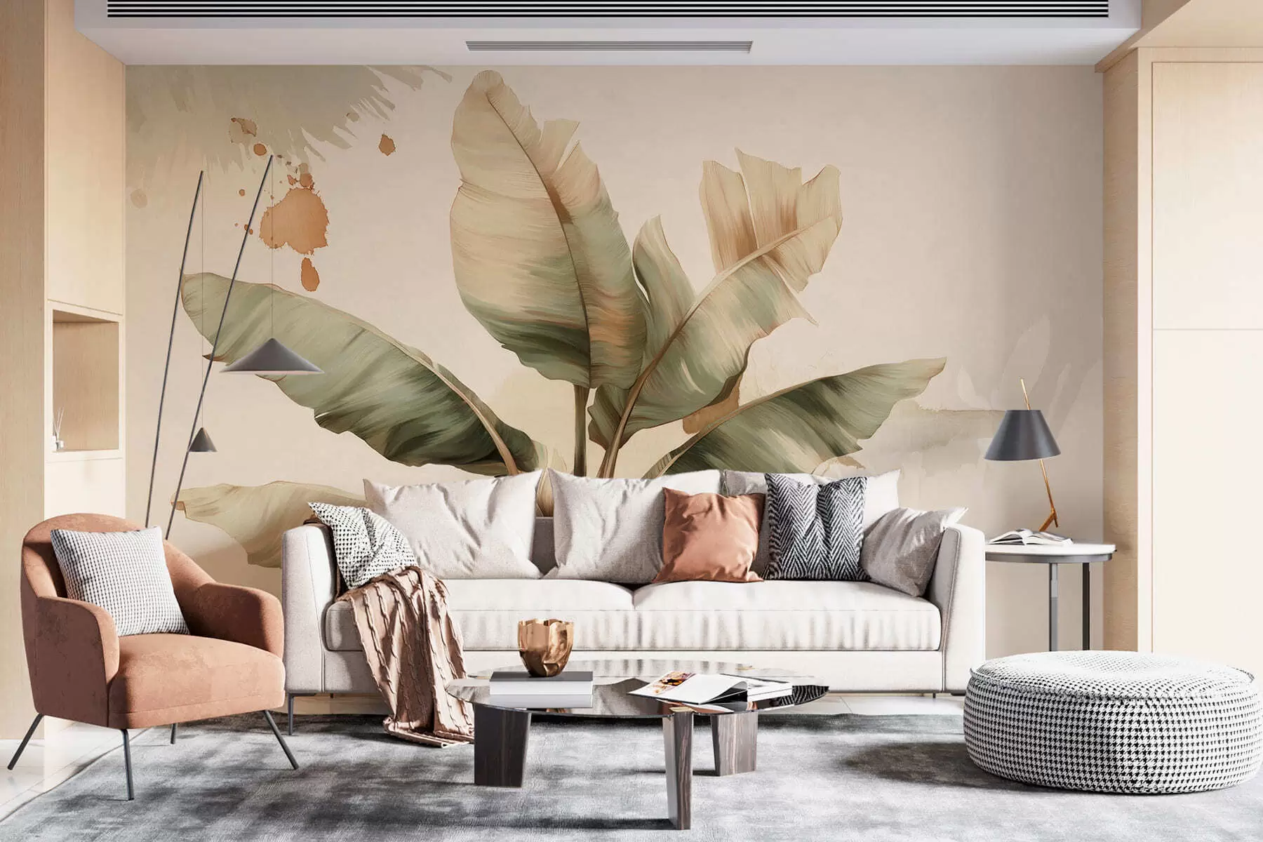 fototapeter en stor, malerisk klynge af bananblade med farvestænk i retrostil  w05384