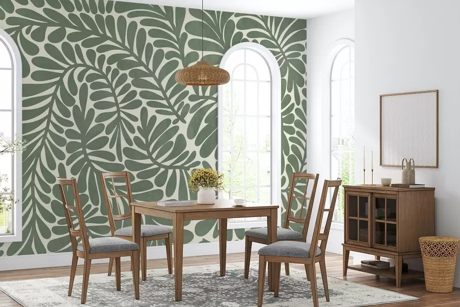 Fototapete Stilisierte grüne Blätter vor hellem Hintergrund, strukturierte Grafik w09775v2