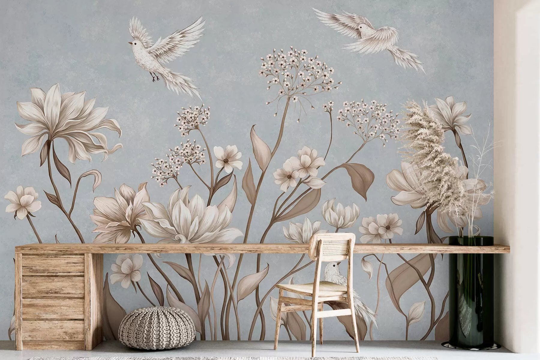 Murale Des fleurs et des oiseaux sur un fond gris-bleu frais w05118v2