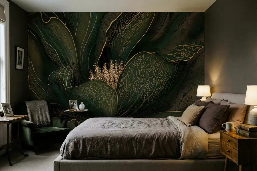 Murale Fleur abstraite vert foncé aux détails finement dessinés w05119v1