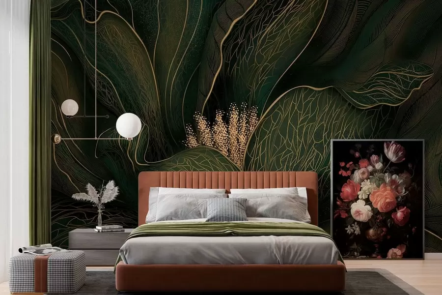 Murale Fleur abstraite vert foncé aux détails finement dessinés w05119v1