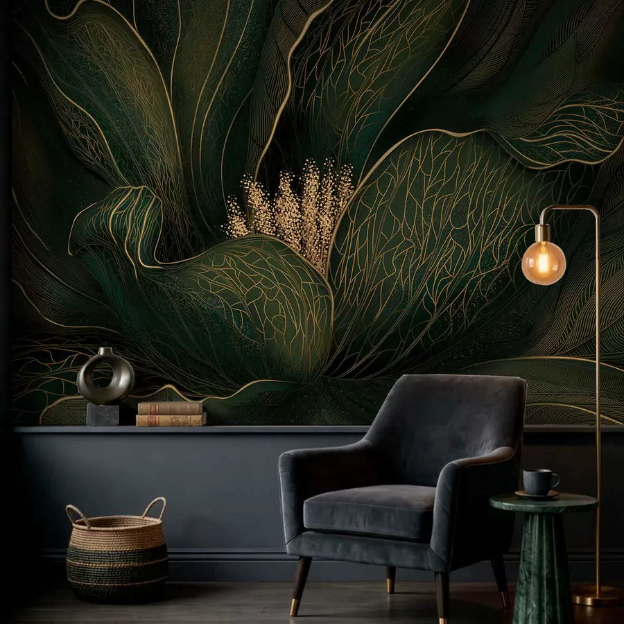 Fototapete Dunkelgrüne abstrakte Blume mit feinen Linien w05119v1