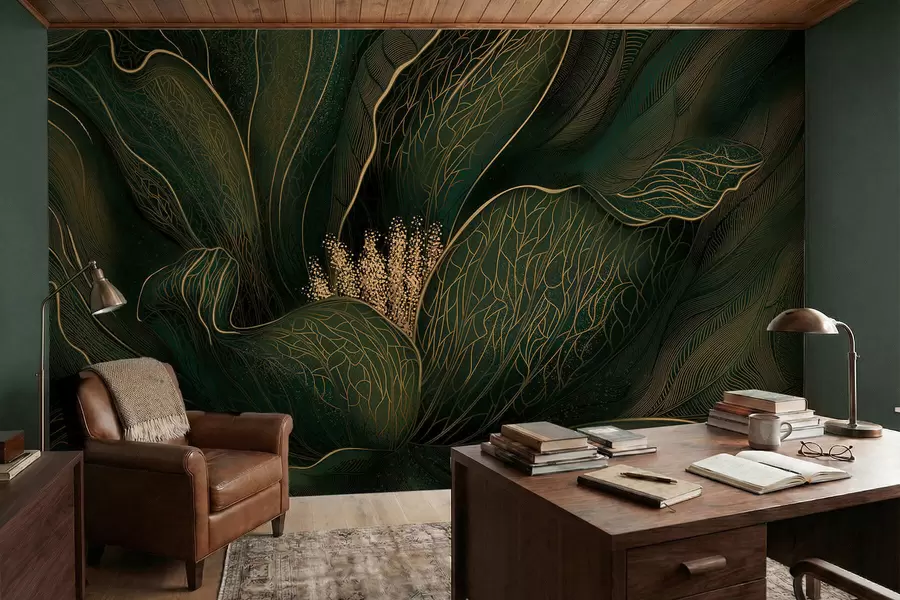 Murale Fleur abstraite vert foncé aux détails finement dessinés w05119v1