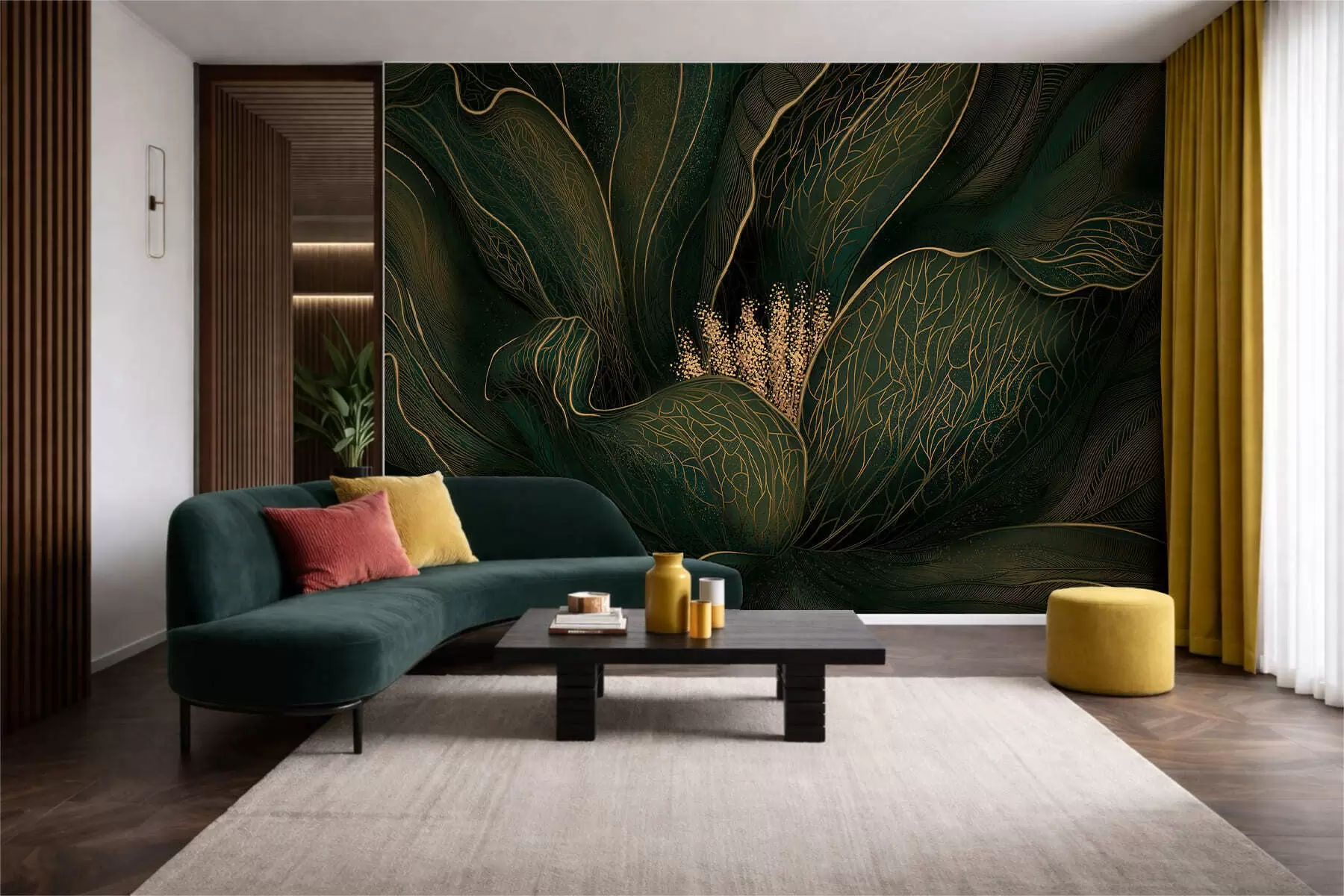 Fototapete Dunkelgrüne abstrakte Blume mit feinen Linien w05119v1