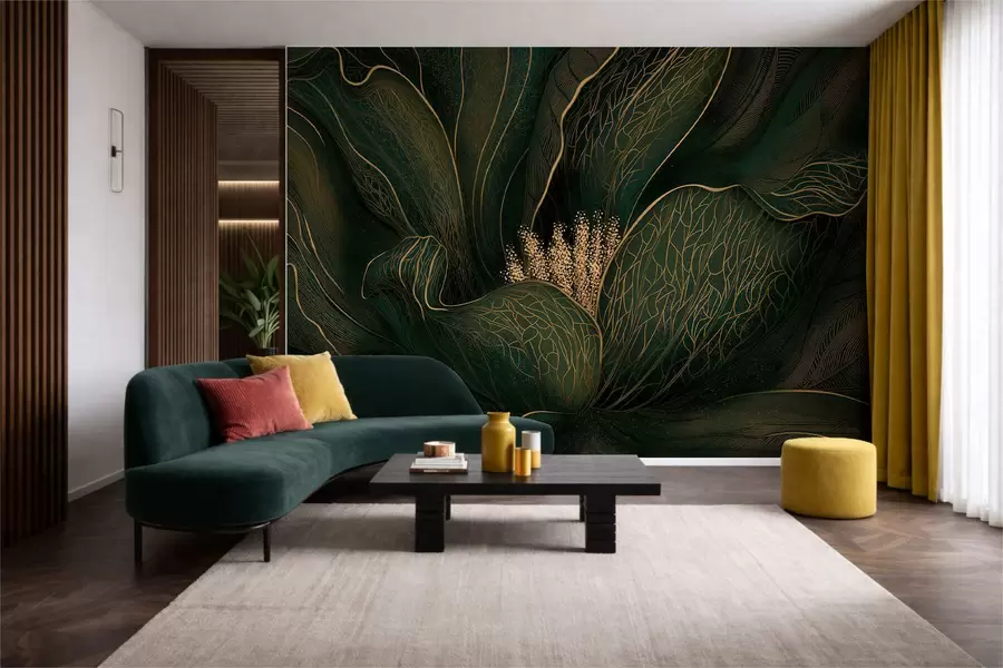 Murale Fleur abstraite vert foncé aux détails finement dessinés w05119v1