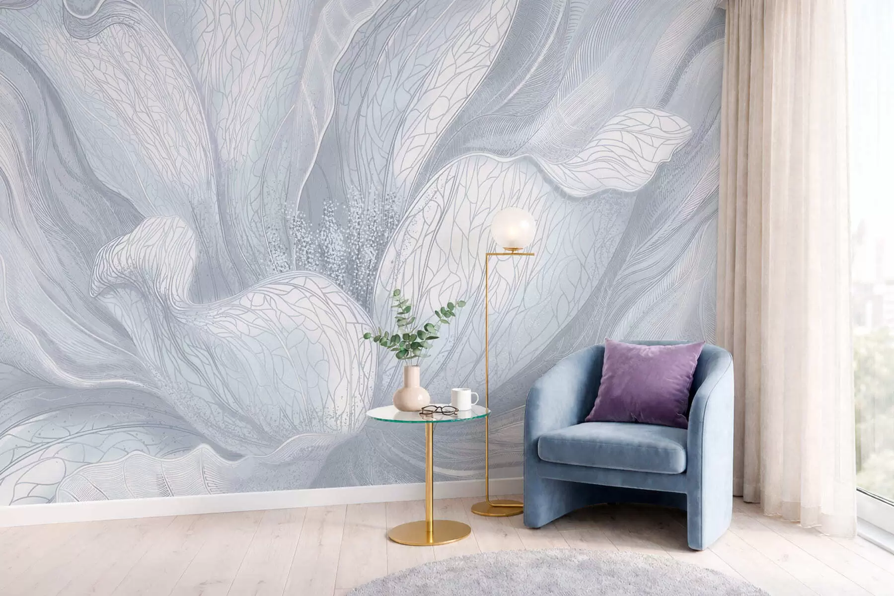 Murale Fleur abstraite dans des tons bleus froids w05119v2
