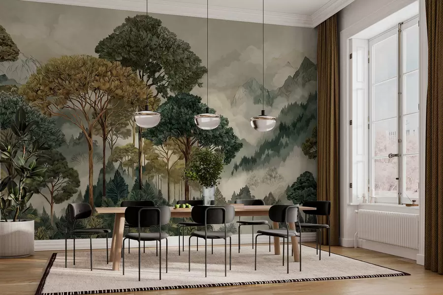 Fototapete Wald mit hohen Bäumen in nebligen Bergen w05410