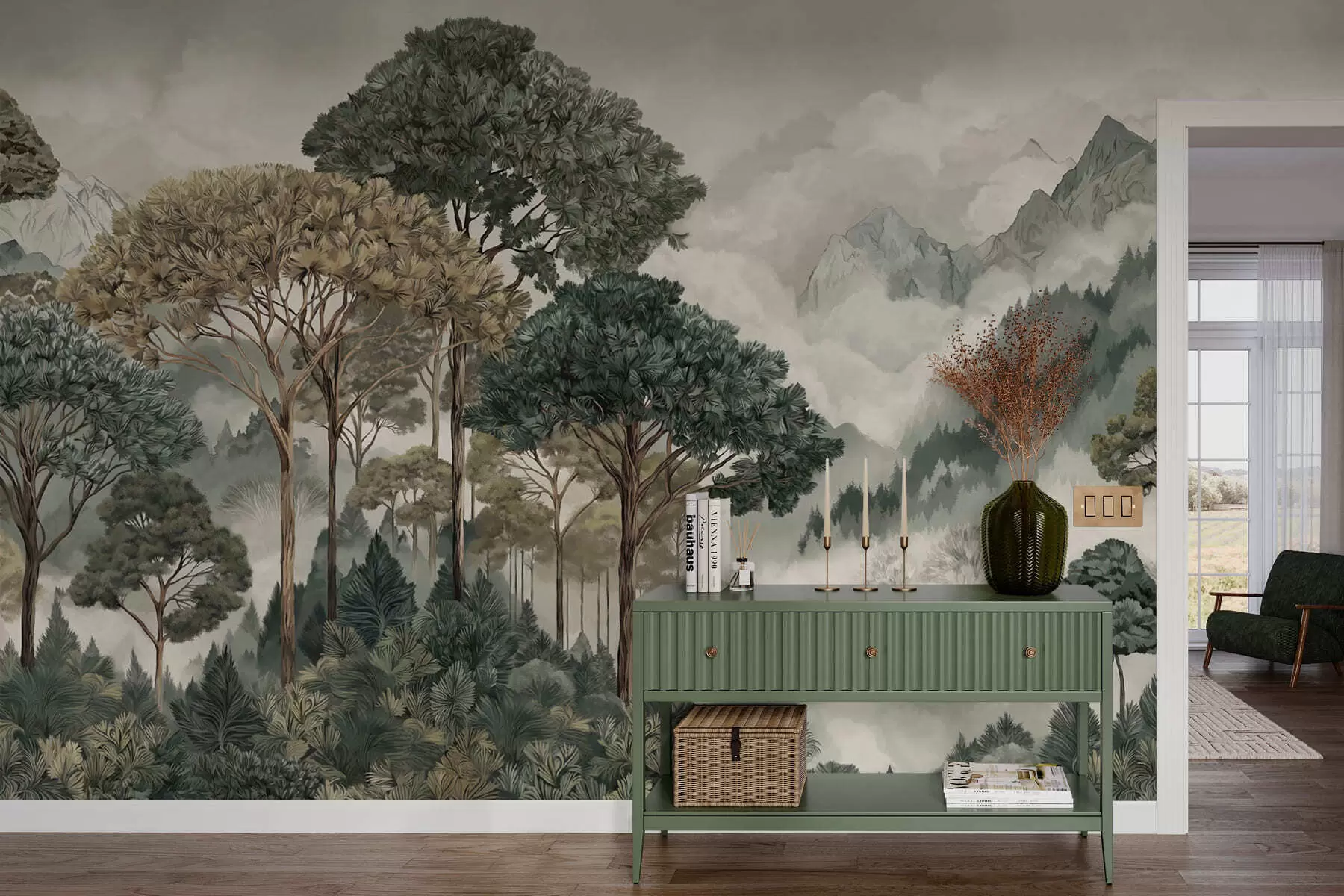 Murale Paysage de montagne avec une forêt aux tons doux w05410v1