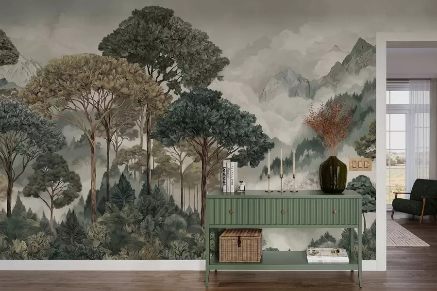 fototapeter Bjerglandskab med skov i bløde farver w05410v1