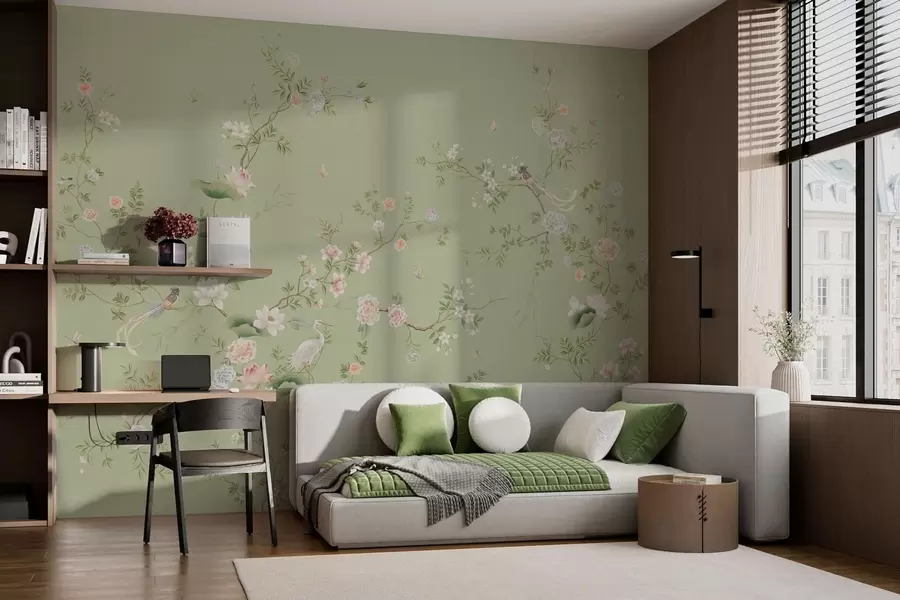 Murale Branches fleuries avec des oiseaux sur fond vert clair w05416