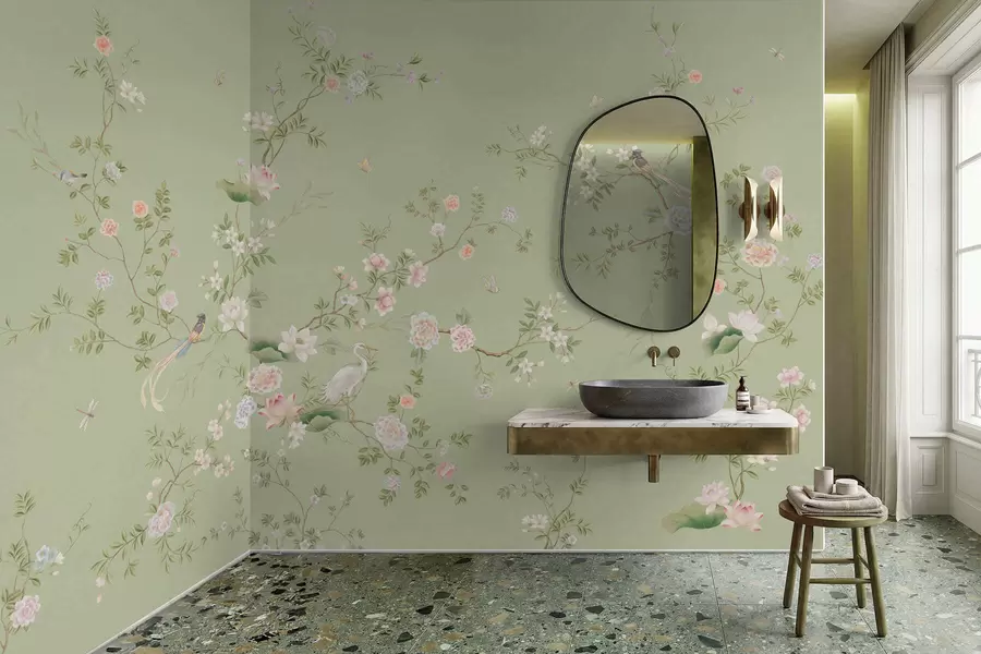 Fototapete Blühende Zweige mit Vögeln auf hellgrünem Hintergrund w05416