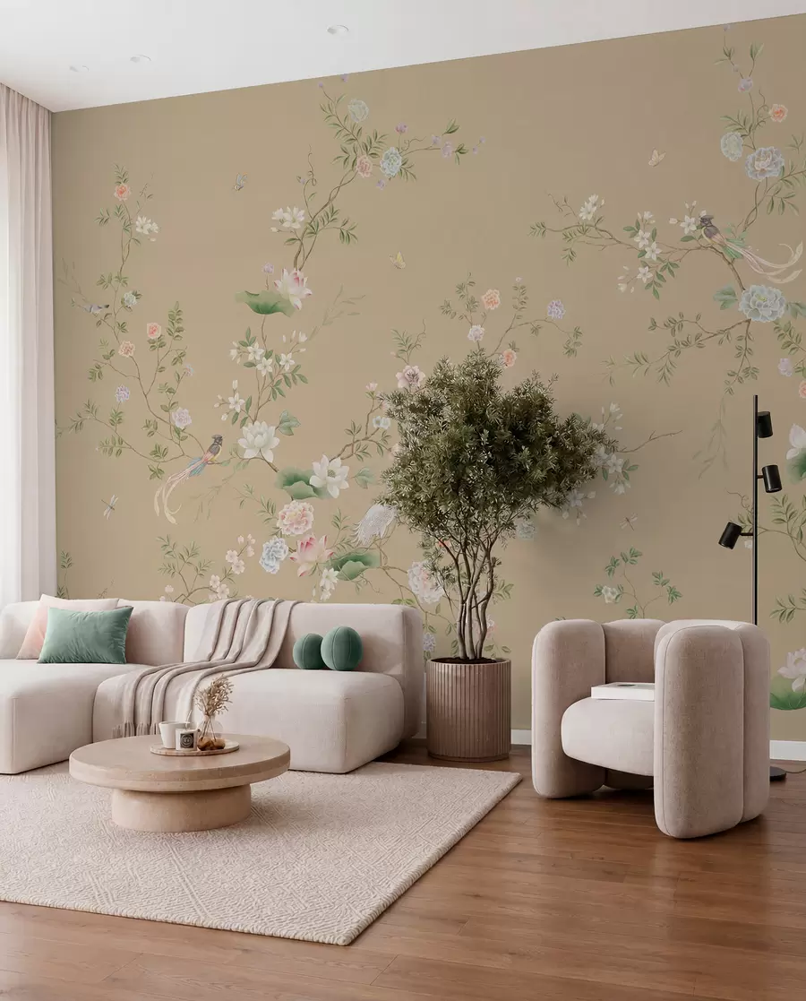 fototapeter Blomstrende grene med fugle på varm beige w05416v2
