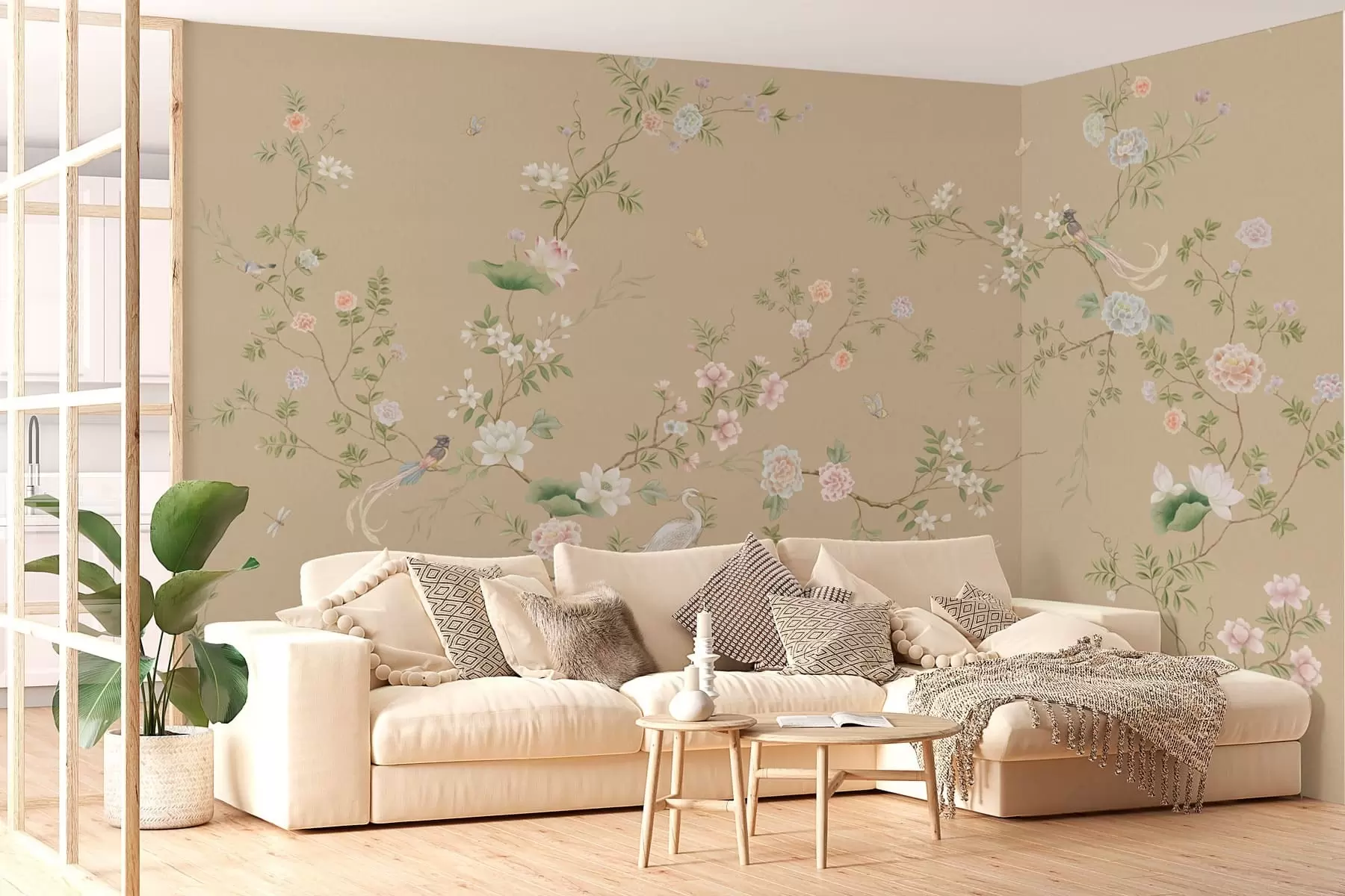 fototapeter Blomstrende grene med fugle på varm beige w05416v2