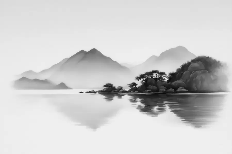 Fototapete Schwarz-Weiß-Landschaft mit Bergen und einem See im sanften Nebel w09803
