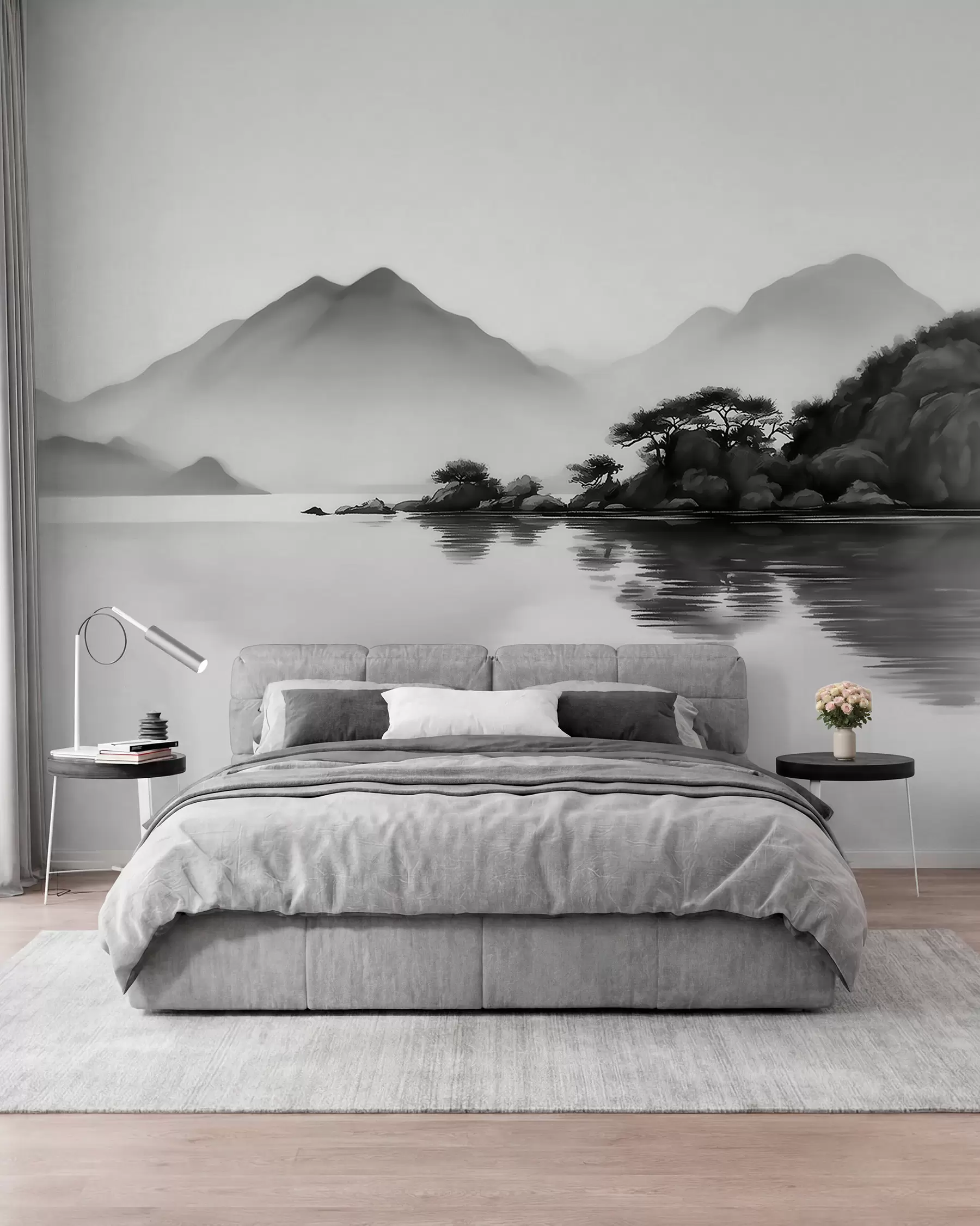 Murale Paysage en noir et blanc avec des montagnes et un lac dans une brume légère w09803