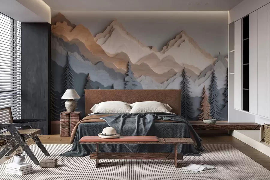 Fototapete Naturlandschaft mit Kiefern und Bergen im Holzschnitzstil w09793