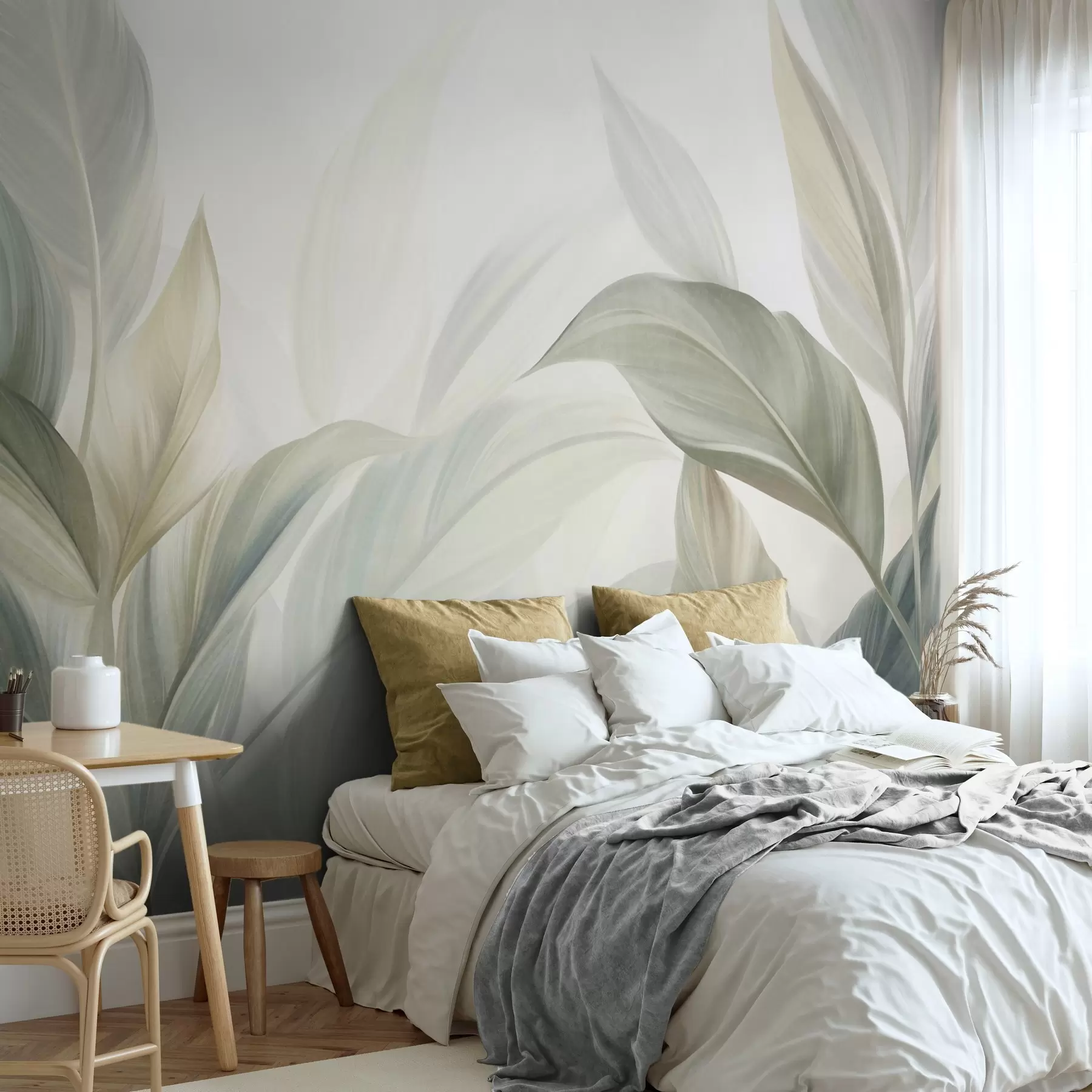 Murale De grandes feuilles tropicales vert pâle aux couleurs douces et pastel, dans un style artistique texturé w09816