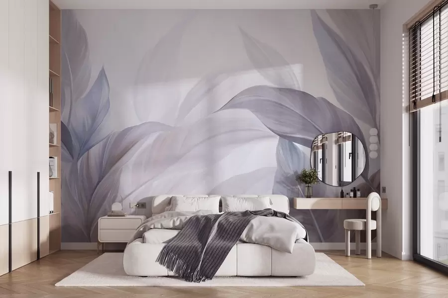 Fototapete Große, hellblaue und violette tropische Blätter in sanften Pastelltönen, strukturierte Kunst w09816v1