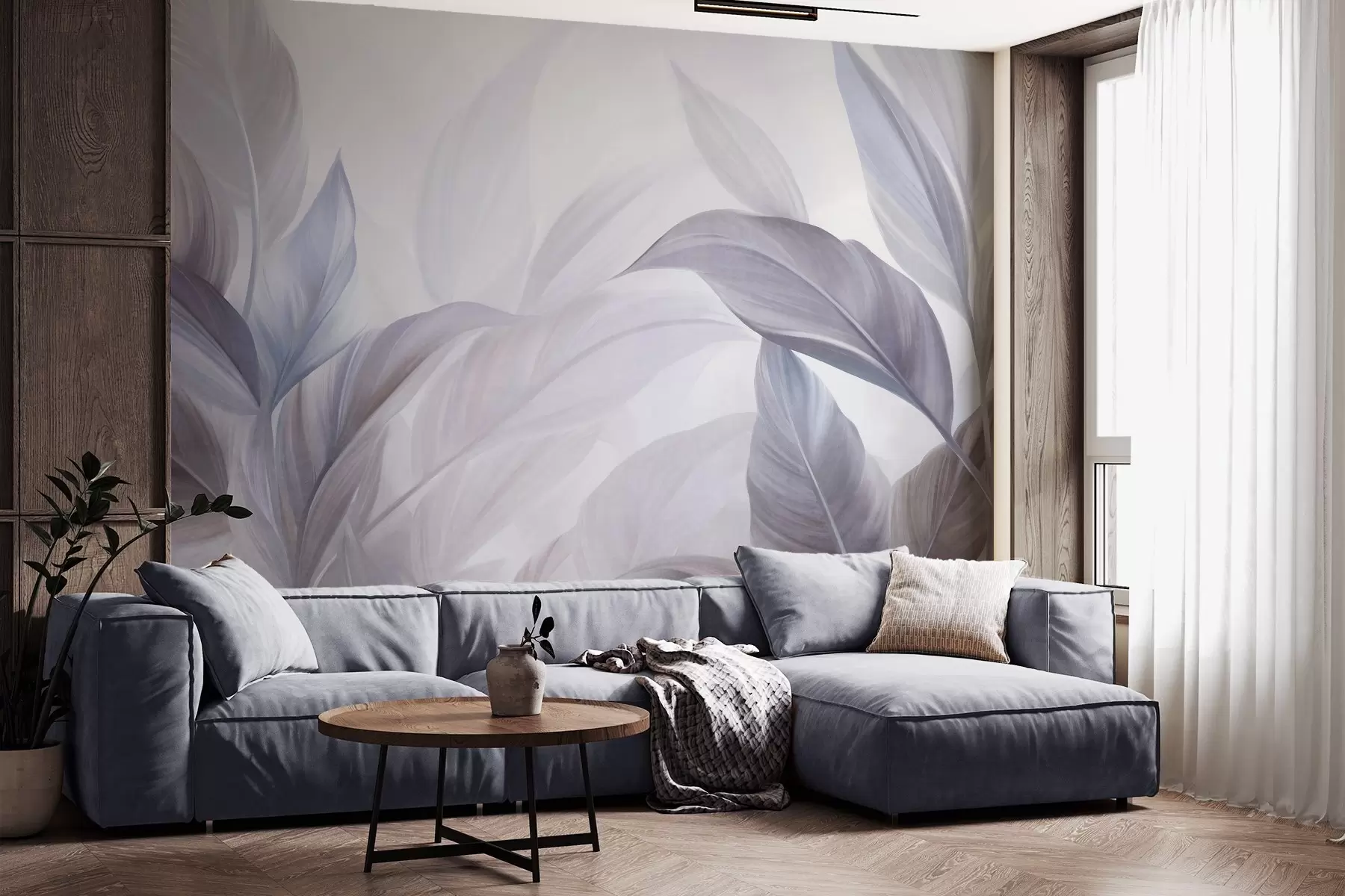 Murale De grandes feuilles tropicales bleu pâle et violettes aux couleurs douces et pastel, dans un style artistique texturé w09816v1