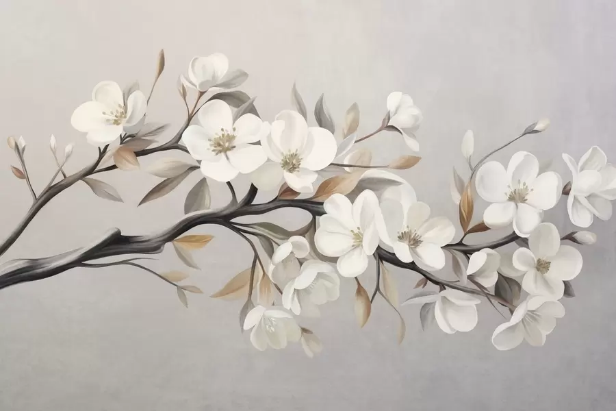 Murale Une branche texturée avec des fleurs blanches et des feuilles brunes sur fond gris clair w09817