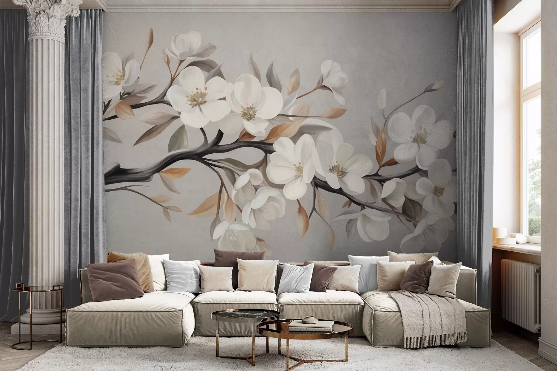 Murale Une branche texturée avec des fleurs blanches et des feuilles brunes sur fond gris clair w09817