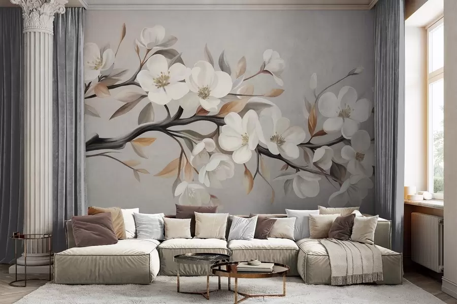 Murale Une branche texturée avec des fleurs blanches et des feuilles brunes sur fond gris clair w09817