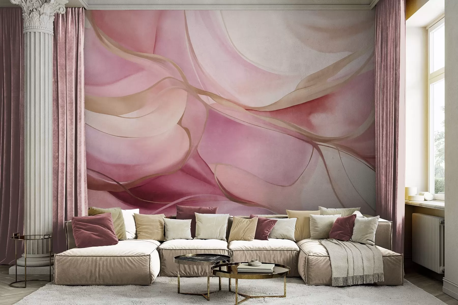 fototapeter Abstrakte, strukturerede, flydende former i nuancer af lyserødt og beige med fine gule linjer w09818