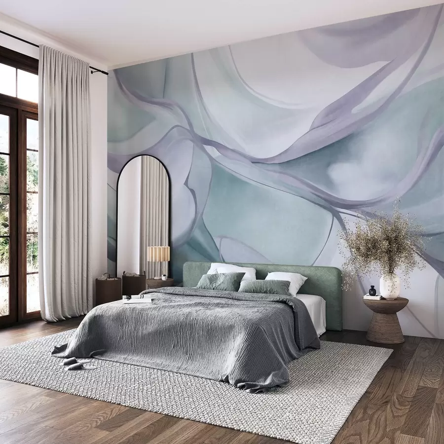 Fototapete Abstrakte, strukturierte, fließende Formen in Blau- und Grautönen mit zarten Linien w09818v1